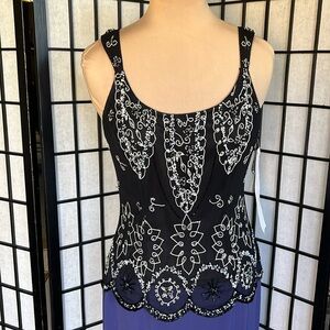 Marina Black with White Embroidery and Irridescent Beads Top M